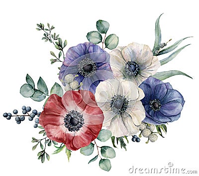 Watercolor blue, red and white anemone bouquet. Hand painted colorul flowers, brunia and privet berry, eucalyptus leaves Stock Photo