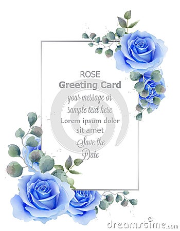 Watercolor blue rose flower card Vector. Vintage greeting, wedding invitation, thank you note. Summer floral decor Vector Illustration