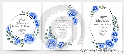 Watercolor blue rose flowers cards set collection Vector. Vintage greeting card, wedding invitation, thank you note Vector Illustration