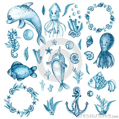Watercolor blue set with octopus, dolphin, narwhal, squid, seahorse, fish, corals, seashells, algae Stock Photo