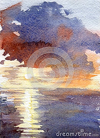 Watercolor blue sunset dawn sun rays gentle color juicy texture illustration landscape reflection shining clouds sky Cartoon Illustration