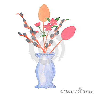 Watercolor blue vase Easter pussy willow and eggs. Blooming cherry twig. Cartoon Illustration