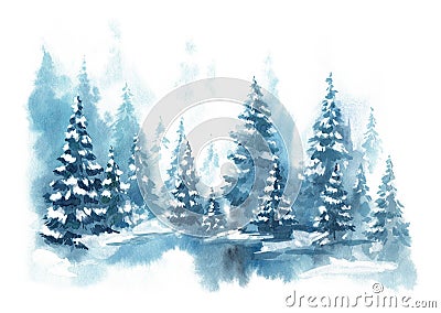 Watercolor Blue winter landscape of foggy forest hill. Wild nature, frozen, misty, taiga. Horizontal watercolor background. Stock Photo