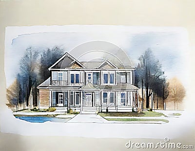 Watercolor of Blueprint plan of a residential construction project in featuring the design Stock Photo