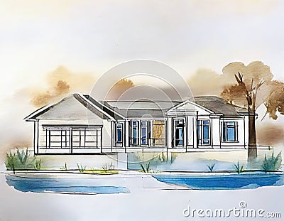 Watercolor of Blueprint plan of a residential construction project in featuring the design Stock Photo