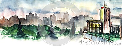 Watercolor blurred city landscape. Vague silhouettes of modern high buildings and skyscrapers against gray cloudy sky Stock Photo