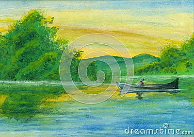 Watercolor boat on lake Stock Photo