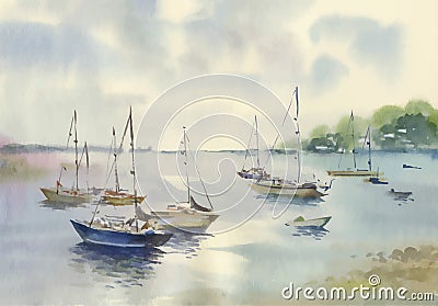 Watercolor Boat on river water vector illustration Vector Illustration