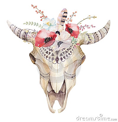 Watercolor bohemian cow skull. Western mammals. Watercolour hip Stock Photo