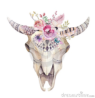 Watercolor bohemian cow skull. Western mammals. Watercolour hip Stock Photo