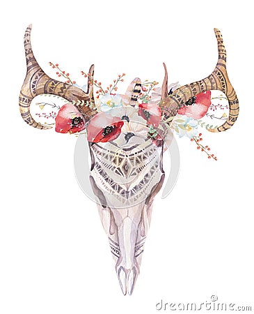 Watercolor bohemian deer skull. Western mammals. Watercolour d Cartoon Illustration