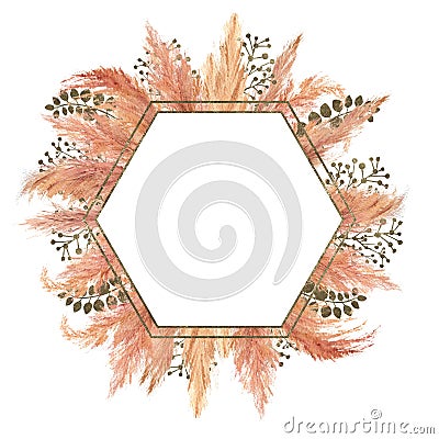 Watercolor boho bouquet with dried pampas grass and silver geometric frame on isolated on white background. Flower Cartoon Illustration