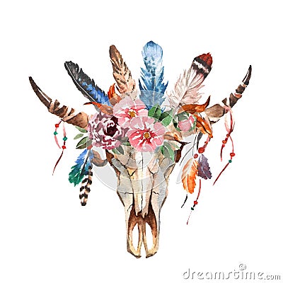 Watercolor boho chic image Flowers, feathers, animal elements Stock Photo