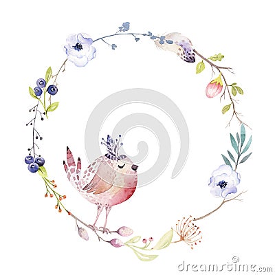 Watercolor boho floral wreath. Bohemian natural frame: leaves, feathers, flowers, Isolated on white background. Artistic Cartoon Illustration