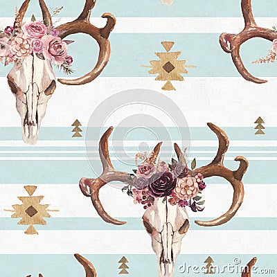 Watercolor boho seamless pattern of deer skull with antlers & floral arrangement on white blue background Stock Photo