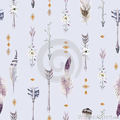 Watercolor boho seamless pattern with teepee, arrows and feather Stock Photo