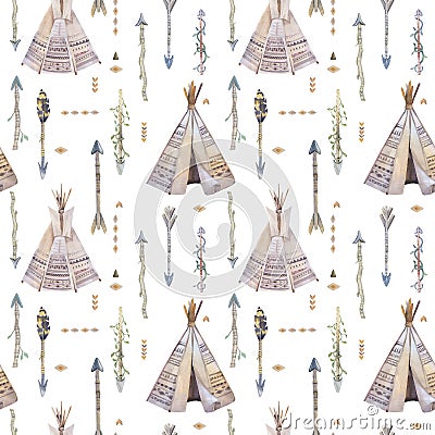 Watercolor boho seamless pattern with teepee, arrows, feathers. Stock Photo