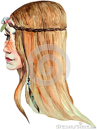 Watercolor boho style girl with freckles, blue eyes and bright long hair. Stock Photo