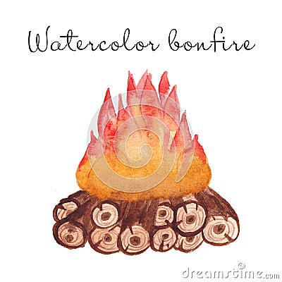 Watercolor bonfire isolated on white background. Warm, tourism, camping Stock Photo