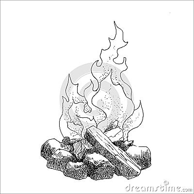 Watercolor bonfire with wood on the campfire camp place. Hand drawn illustration isolated on white background. Used for Vector Illustration
