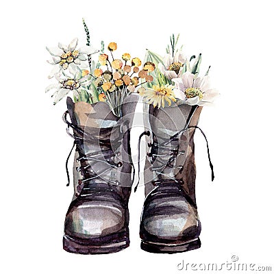 Watercolor boots with flowers illustrations Cartoon Illustration
