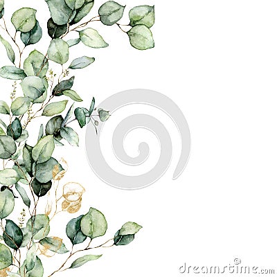 Watercolor border of green and gold eucalyptus branches. Hand painted card of plants isolated on white background Cartoon Illustration