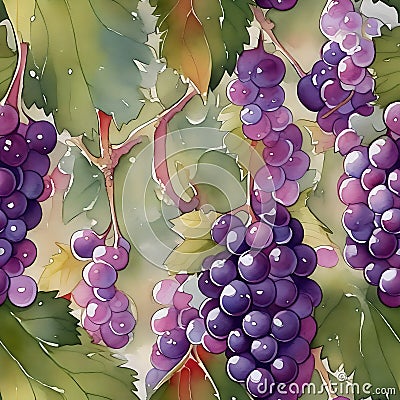 Watercolor botanic garden plant fruit puple grape and leaf vine seamless pattern background created with generative AI technology Stock Photo
