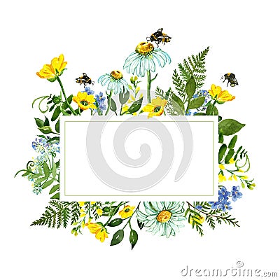 Watercolor botanical border with colorful yellow and blue wild flowers, green leaves, herbs and honey bee. Summer holiday card Stock Photo