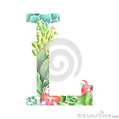 Watercolor botanical drop cap letter L in retro style with succulents, flowers, kalanchoe and sweetheart Stock Photo