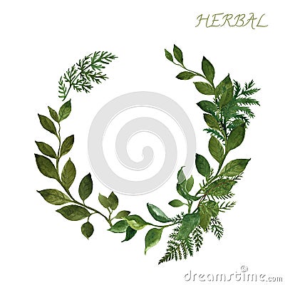 Watercolor botanical frame with wild herbs and green leaves on white background. Floral wedding invitation design template Cartoon Illustration