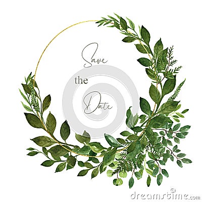 Watercolor botanical frame with wild herbs and green leaves on white background. Modern golden geometric frame. Floral wedding Cartoon Illustration