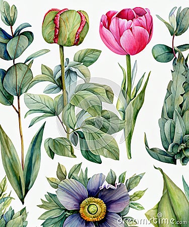 Watercolor botanical illustration of eucalyptus, tulip, peony, anemone flowers and leaves. Natural objects isolated on white Cartoon Illustration