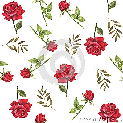 Watercolor botanical illustration with red roses. Design for fabric. Seamless floral pattern. Wedding design. Congratulatory wrapp Cartoon Illustration