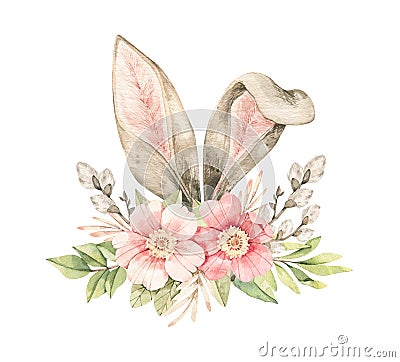 Watercolor botanical illustration. Spring bouquet with Pink dog-rose blossom, willow and bunny ears. Gentle rose, bud, branches, Cartoon Illustration
