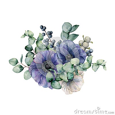 Watercolor bouquet with anemone and eucalyptus. Hand painted blue and white flowers, green leaves, berries, branch Stock Photo