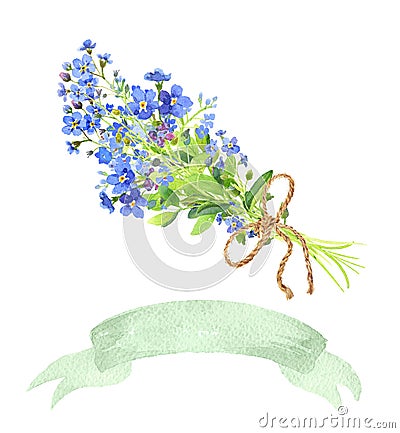 Watercolor bouquet. Blue forget-me-nots and tape Stock Photo