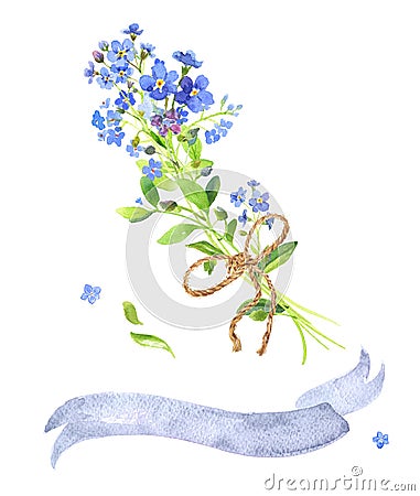 Watercolor bouquet. Blue forget-me-nots and tape Stock Photo