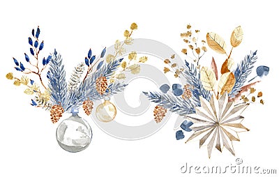 Watercolor bouquet, Christmas decorative composition. Winter holiday decorations. New Year illustration. Traditional Cartoon Illustration