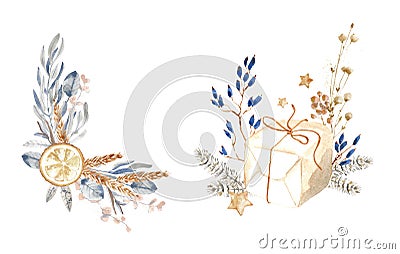 Watercolor bouquet, Christmas decorative composition. Winter holiday decorations. New Year illustration. Traditional Cartoon Illustration