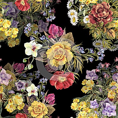 Watercolor bouquet different flowers. Floral seamless pattern. Cartoon Illustration