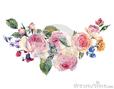 Watercolor bouquet of English roses and wildflowers Cartoon Illustration