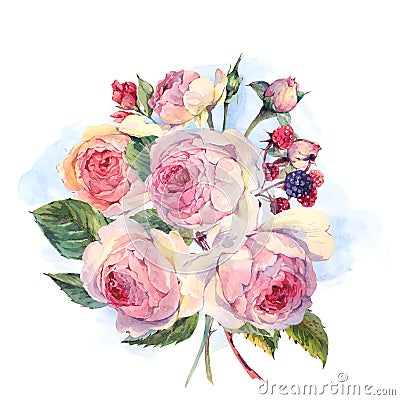 Watercolor bouquet of English rosesand wildflowers Cartoon Illustration