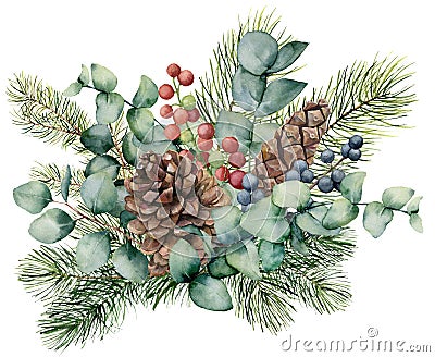 Watercolor bouquet with eucalyptus leaves, cone, fir branch and berries. Hand painted green brunch, red and blue berries Stock Photo