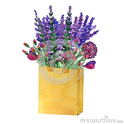 Watercolor bouquet of field fragrant flowers - lavender, allium, herbs Stock Photo