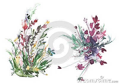 Watercolor bouquet of flowers, Beautiful abstract splash of paint, fashion illustration. Wild grass, flowers, poppy, pink Cartoon Illustration