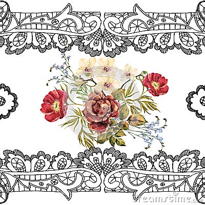 Watercolor bouquet flowers with black openwork. Seamless pattern for design. Stock Photo