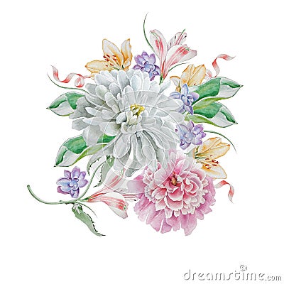 Watercolor bouquet with flowers. Chrysanthemum. Peony. Illustration. Stock Photo