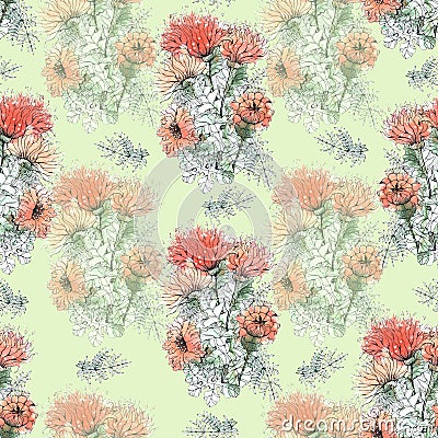 Watercolor bouquet flowers. Handmade seamless pattern.. Stock Photo