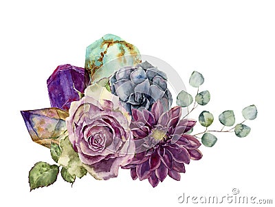 Watercolor bouquet of flowers, succulents, eucalyptus and gem stones. Hand drawn composition isolated on white Stock Photo