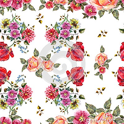 Watercolor bouquet flowers on a white background. Floral seamless pattern. Stock Photo